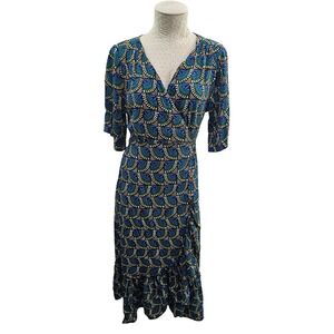 Silk and Salt Wrap Midi Dress Womens Small Blue Green Geometric Ruffle Viscose